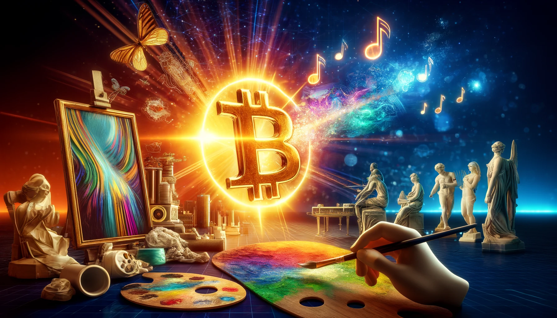 A vivid and dynamic scene blending the concepts of Bitcoin and art, set in a widescreen aspect ratio