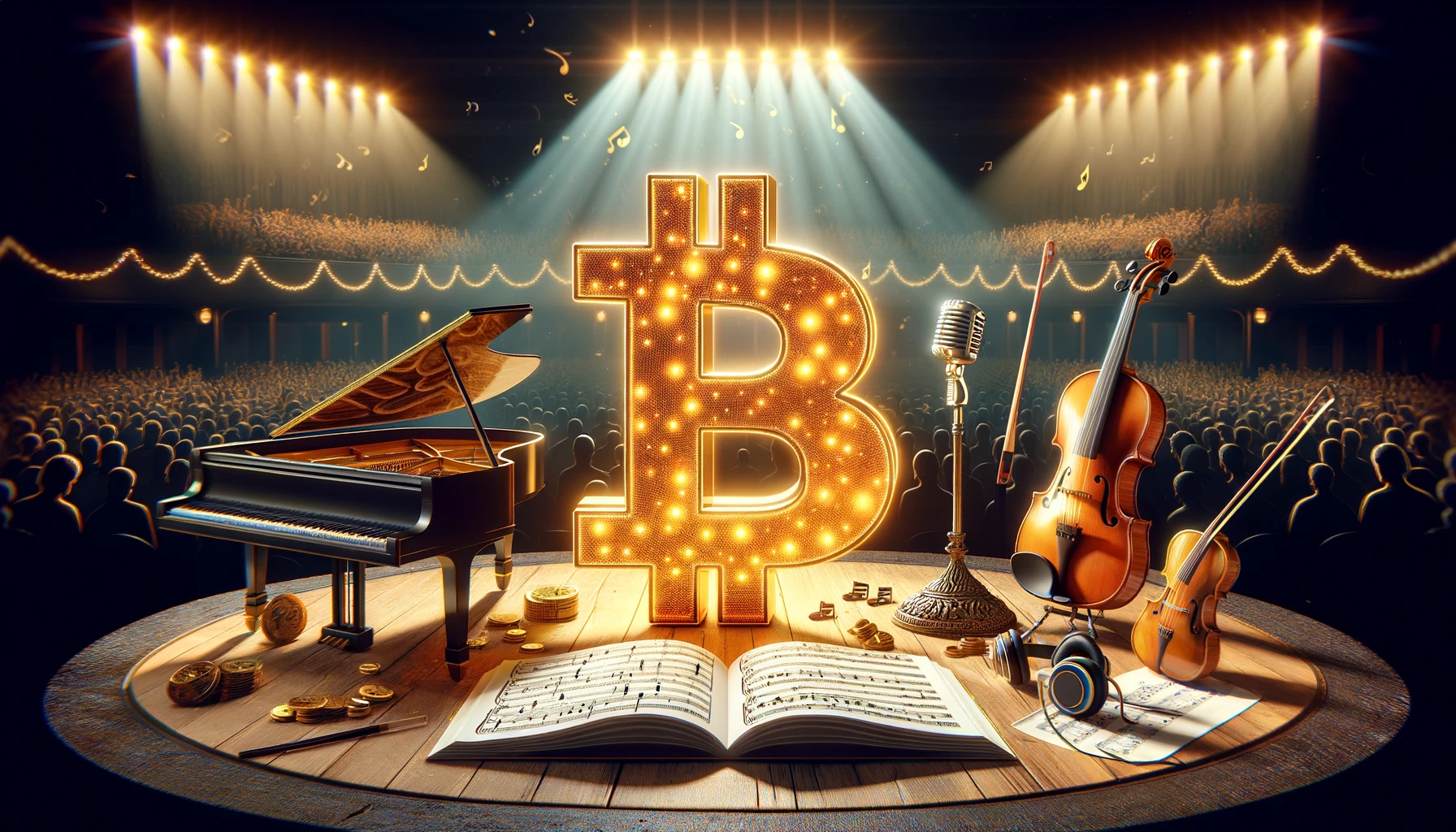 scene combining the themes of Bitcoin and music. In the foreground, a large, luminous Bitcoin symbol stands prominently